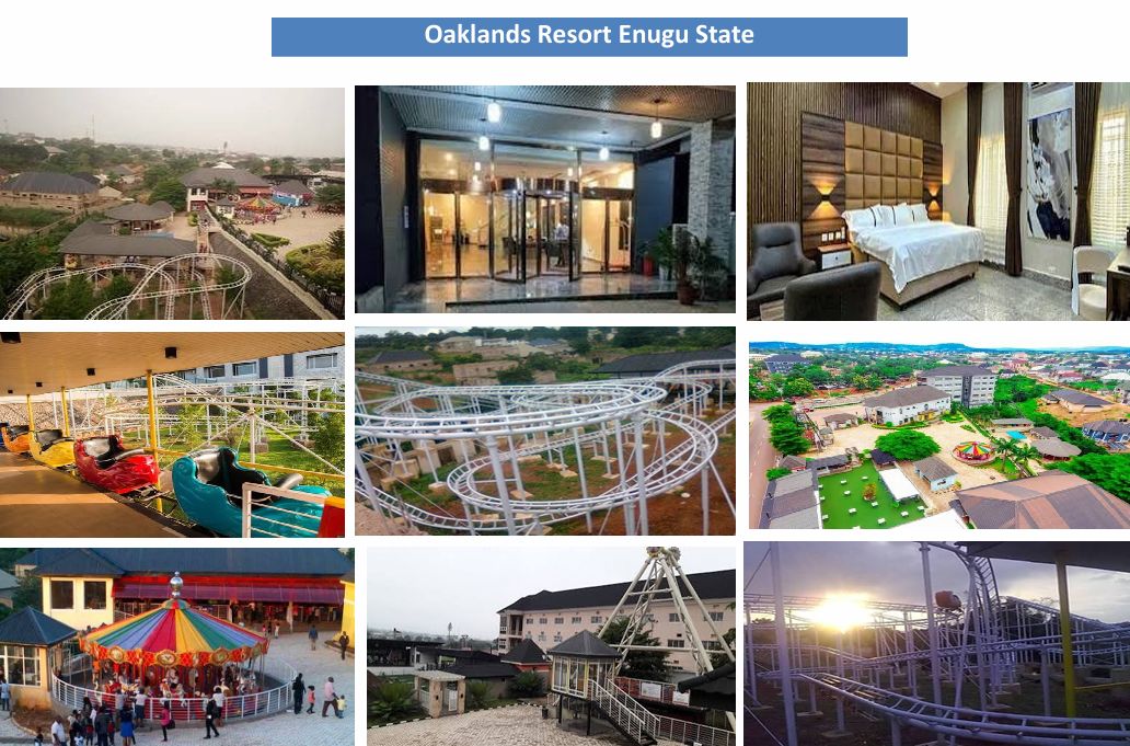 Oaklands Resort Enugu State and entrance, guest room and amusement park rides